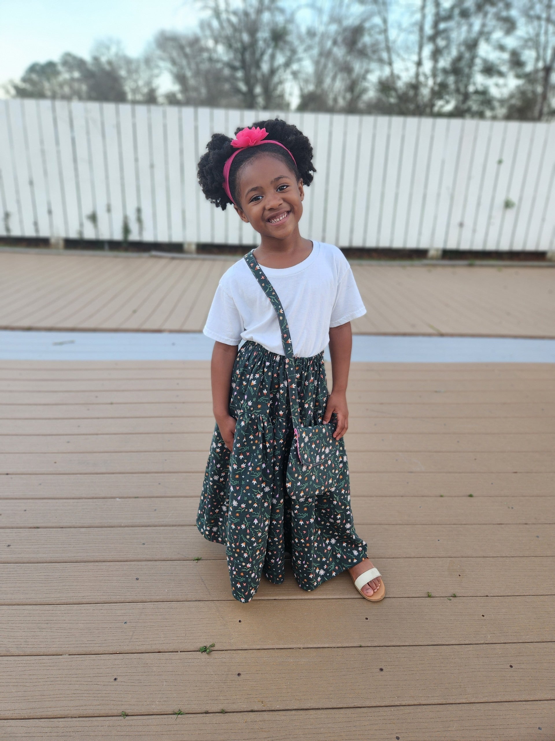 Green Girls Floral Maxi Skirt with Matching Purse- Cotton Tiered Skirt