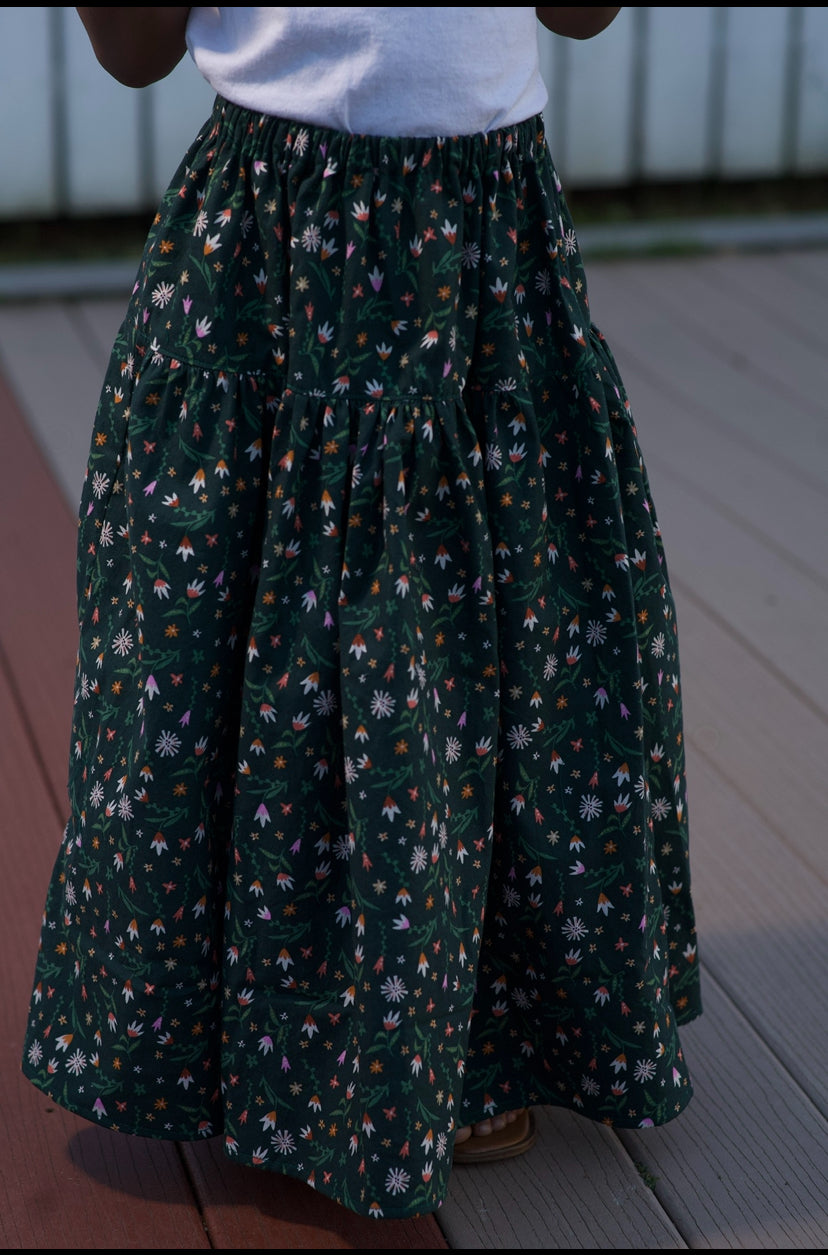 Green Girls Floral Maxi Skirt with Matching Purse- Cotton Tiered Skirt