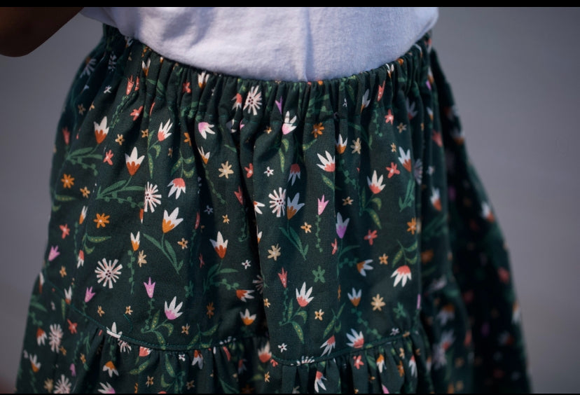 Green Girls Floral Maxi Skirt with Matching Purse- Cotton Tiered Skirt