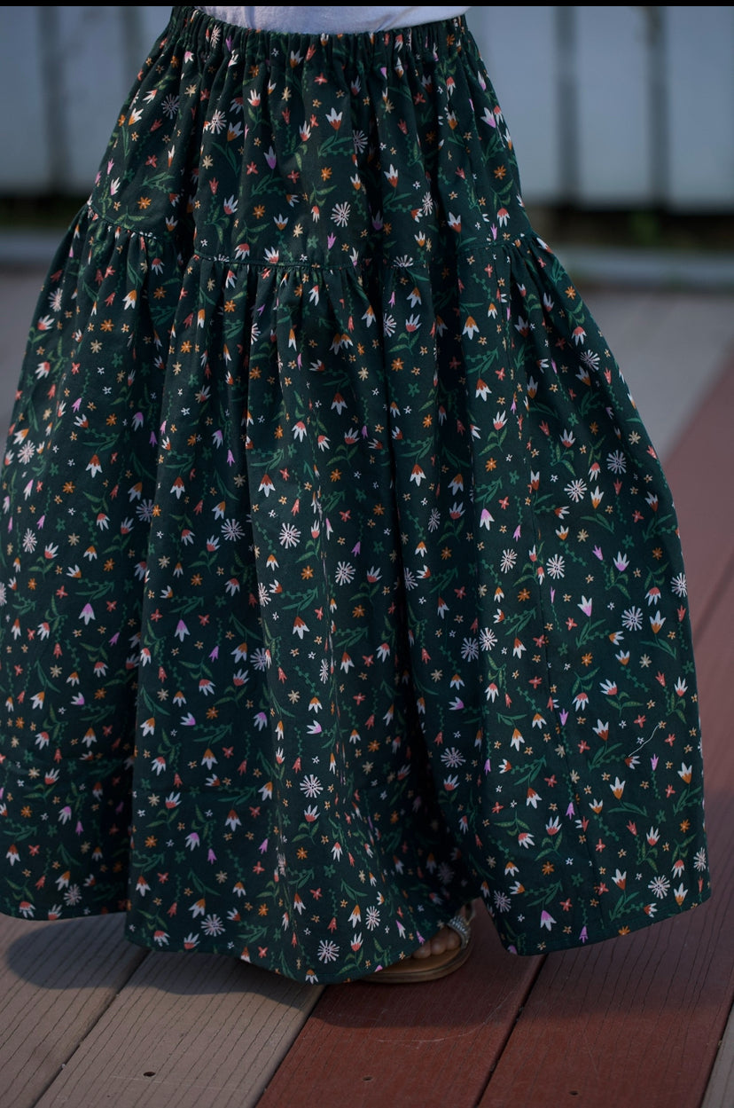 Green Girls Floral Maxi Skirt with Matching Purse- Cotton Tiered Skirt
